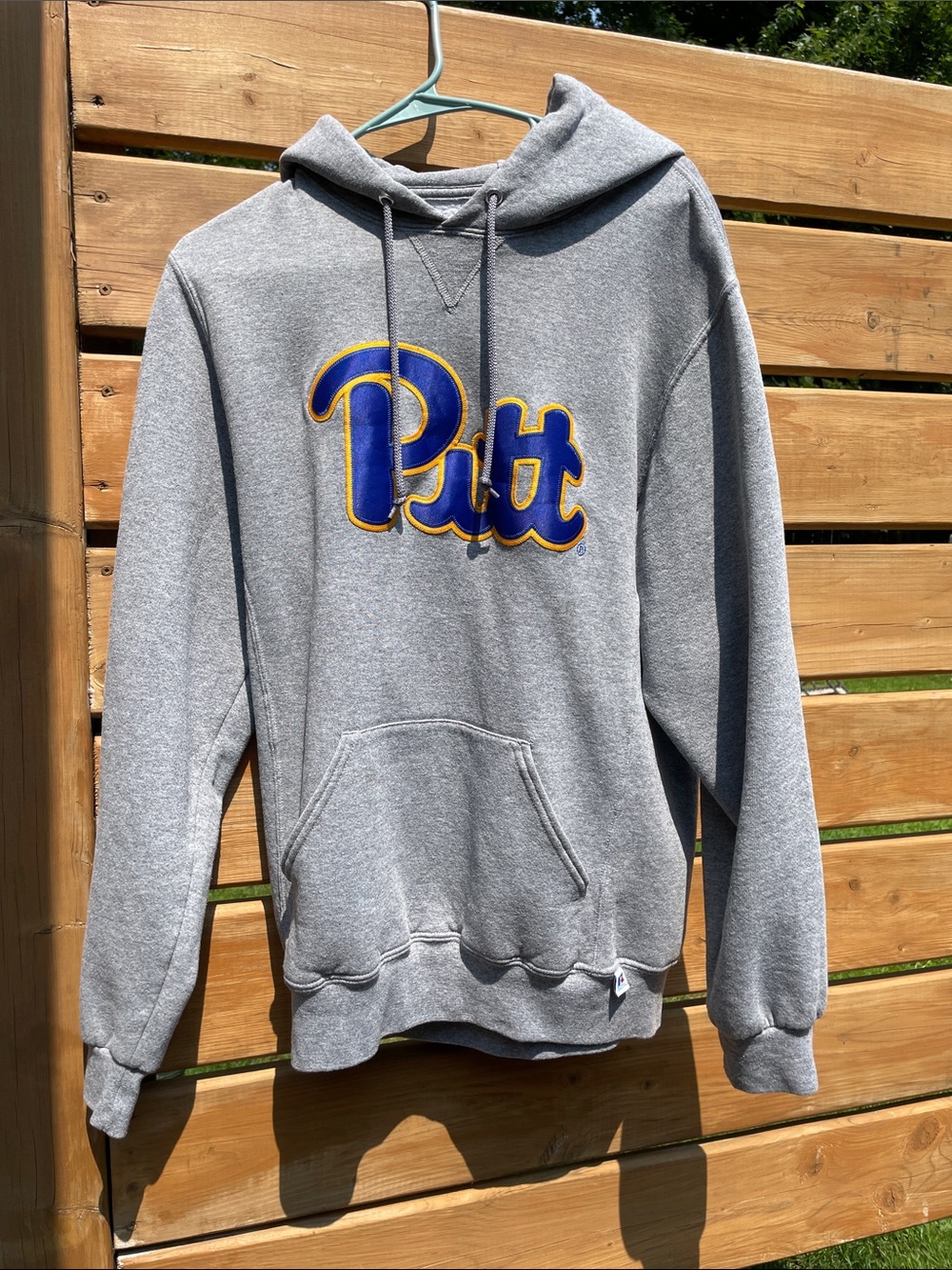 Russell Athletic Gray Hoodie with Blue and Gold Pitt Script Pittsburg